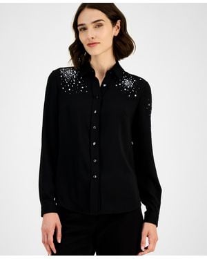 Anne Klein Rhinestone Embellished Shirt P Xxs Xxl - Black
