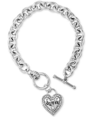 Guess Tone Pave Logo Heart Link Bracelet - Metallic