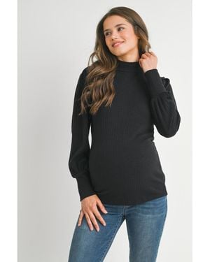 Hello Miss Maternity Long Sleeve Mock Neck Ribbed Top - Black