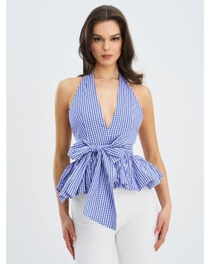 Miss Circle Ilene Blue And White Checkered Bubble Hem Halter Top