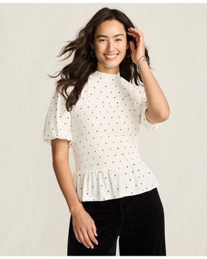 Lands' End Bubble Sleeve Silky Knit Smocked Mock Neck Top - White