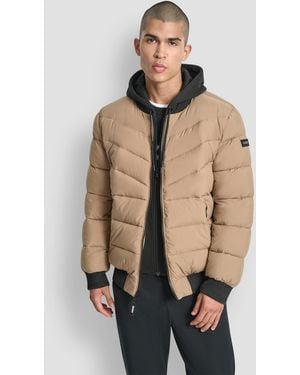 DKNY Hooded Quilted Bomber Puffer Jacket - Natural