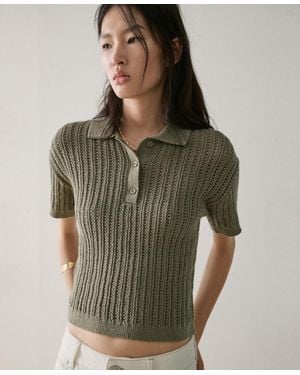 Mango Openwork Knitted Polo-neck Sweater - Green