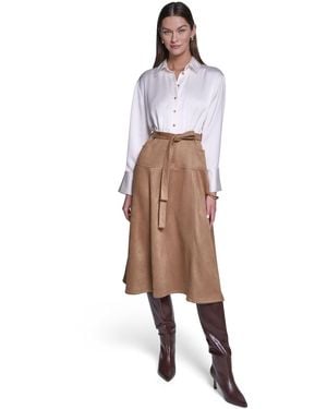 Halston Colorblock A-line Long-sleeve Satin & Suede Midi Shirt Dress - Brown