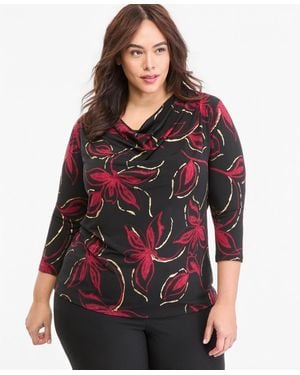 Anne Klein Plus Size Cowl Neck 3/4-sleeve Floral Blouse - Red