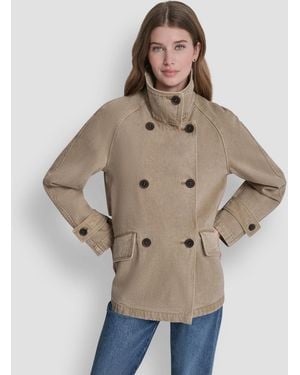 DKNY Denim Double Breasted A-line Coat - Natural