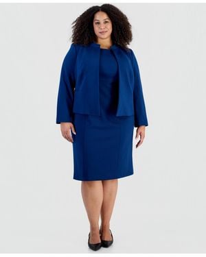 Le Suit Plus Size Stretch Ponte Empire-waist Jacket And Dress - Blue