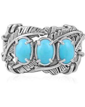 American West Jewelry Sterling Silver Kingman Turquoise Three Stone Feather Ring Size - Blue