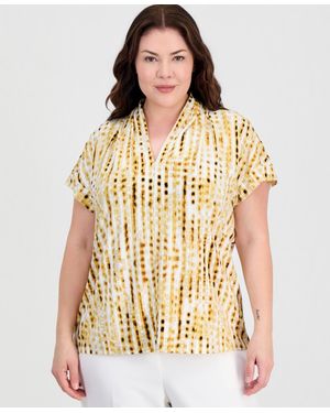 Kasper Plus Size Cuffed-sleeve V-neck Top - Natural