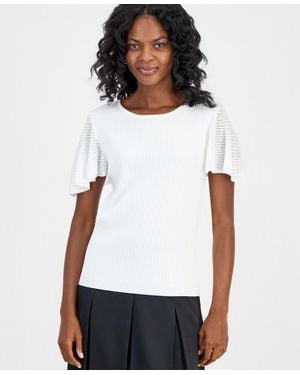 Kasper Petite Crewneck Flutter-sleeve Sweater - White
