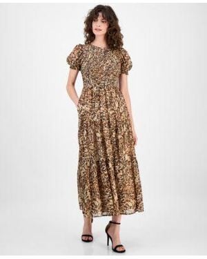 Anne Klein Printed Smocked Puff Sleeve Chiffon Tiered Maxi Dress P Xxs Xxl - Brown