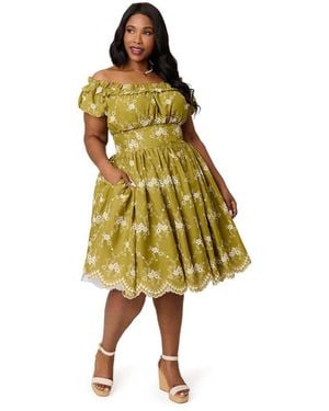 Unique Vintage Plus Size 1950s Off The Shoulder Ruffle Swing Dress - Yellow