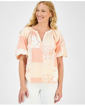 Style & Co. Printed Bubble-sleeve V-neck Blouse - Natural