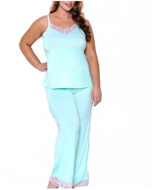 iCollection Alluring Knit Ultra Soft Contrast Lace Cami Pant Set - Blue