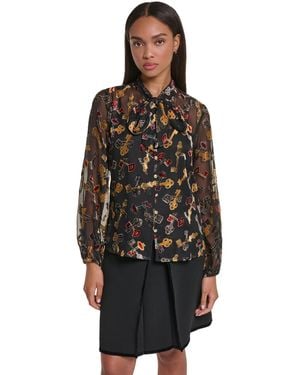 KARL LAGERFELD Long-sleeve Button-front Burnout Blouse - Black