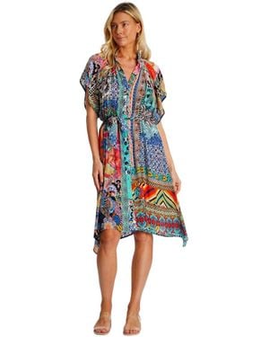 La Moda Clothing Midi Summer Belted Short Sleeve Dress - Blue