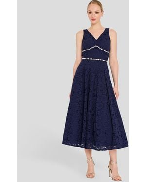 Tahari V-neck Lace Tea Length Ball Gown - Blue