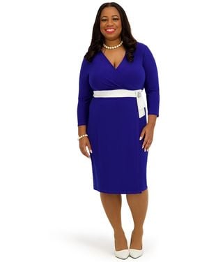 Kasper V-neck Knee Length Wrap Dress - Blue