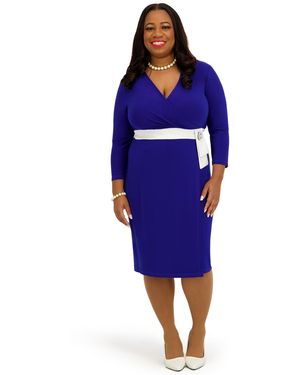 Kasper V-neck Knee Length Wrap Dress - Blue