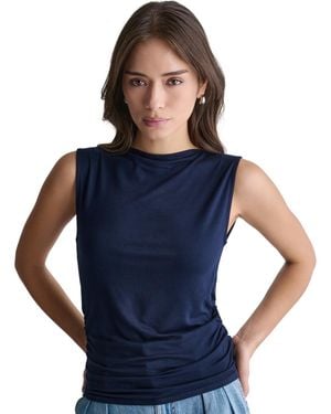 BCBGMAXAZRIA Ruched Side Boat Neck Sleeveless Knit Top - Blue