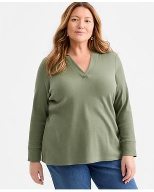 Style & Co. Plus Size Long-sleeve V-neck Waffle-knit Hoodie - Green
