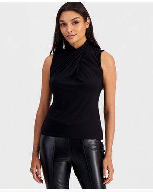 Tahari Asymmetric Draped-neck Sleeveless Top - Black