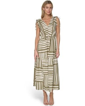 Calvin Klein Sleeveless V-neck Printed Tiered Maxi Dress - Metallic