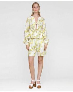 Avec Les Filles Printed Pleat Front Belted Shorts Balloon Sleeve Blouse - Multicolor