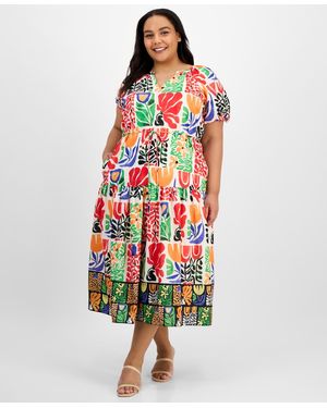 Julia Jordan Plus Size Puff-sleeve Printed Midi Dress - White
