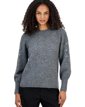 Anne Klein Puff Sleeve Embellished Sweater - Gray