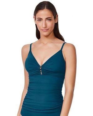 Gottex Tutti Frutti Fashion V-neck Gold Beaded Tankini Top Swimsuit - Blue
