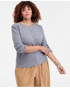 On 34th Trendy Plus Size Puff-shoulder Pointelle Cardigan - Gray