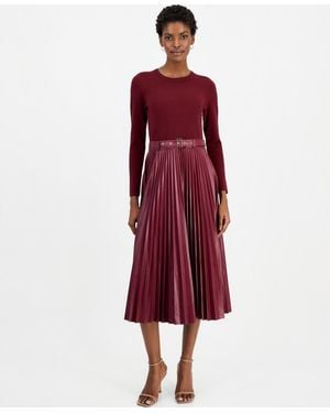 Tahari Allison Long-sleeve Midi Mixed-media Dress - Red