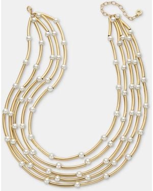 Anne Klein Gold-tone Curbed Tube Faux Imitation Pearl Stationed Multi-row Necklace - Metallic