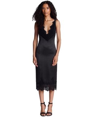 Kenneth Cole Contrast Lace Trim Double Face V-neck Midi Dress - Black