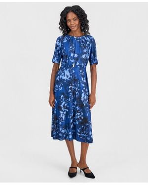 Kasper Petite Floral Print Fit & Flare Dress - Blue