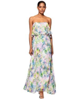 Betsy & Adam Printed Pleated Strapless Gown - Blue