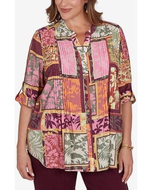 Ruby Rd. Plus Size Tropical Patchwork Voile Button Front Top - Red