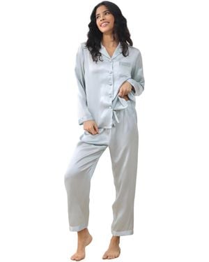 SILKSILKY Long Sleeve Button-up Satin Pajama Set - Blue