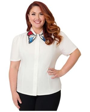 Unique Vintage Plus Size Blouse With Embroidered Collar - White