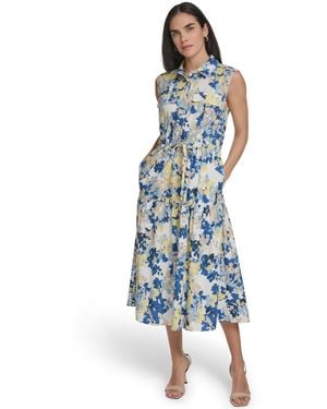 Calvin Klein Collared Sleeveless Midi Dress - Blue