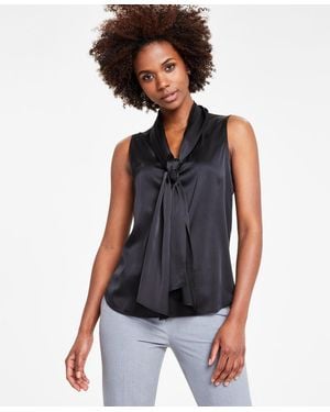 BarIII Tie-neck Sleeveless Satin Blouse - Blue