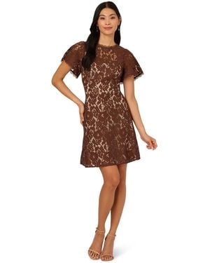 Adrianna Papell Crewneck Lace Flounce Short Dress - Brown