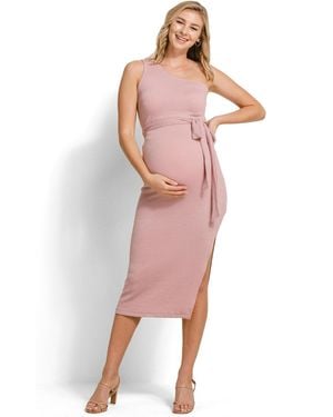 Hello Miss Maternity Ribbed One Shoulder Bodycon Midi Dress - Pink