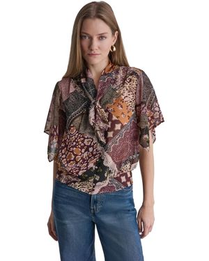 BCBGMAXAZRIA Bow Neck Mixed Print Short-sleeve Blouse - Red