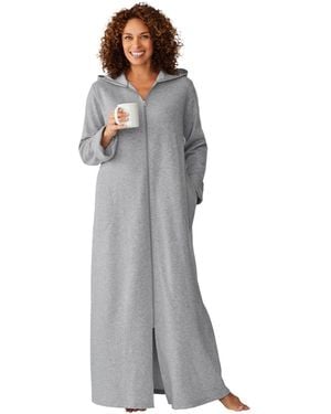 Dreams & Co. Plus Size Long Hooded Fleece Sweatshirt Robe - Gray