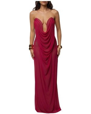 JLUXLABEL Siren Plunging Cowl Sculptural Draped Sheer Mesh Side Panels Dress - Red