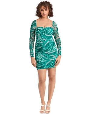 S3 Apparel Shirred Mesh Sweetheart Long Sleeve Sculpting Mini Dress - Blue