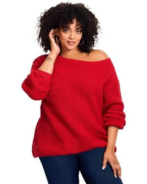Avenue Plus Size Waffle Stitch Pullover Sweater - Red