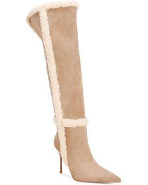 LONDON RAG Jenah Pointed Toe Stiletto Heel Faux Shearling Trim Boots - Natural